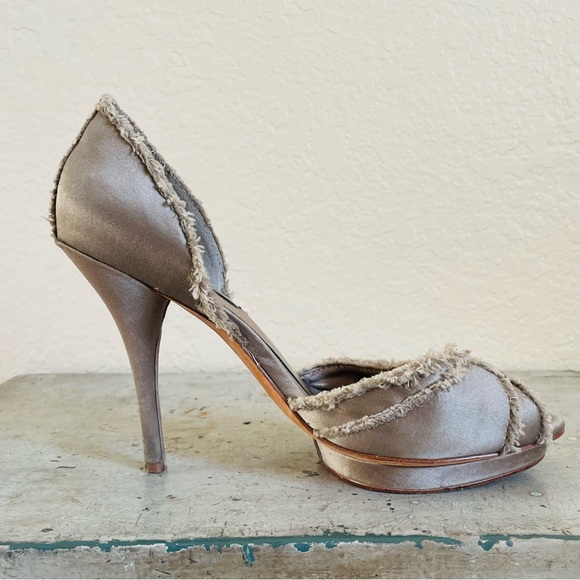 BCBG MaxAzria Silver Satin Platform Heels - Picture 2 of 12